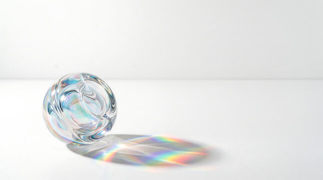 Elegant clear glass sphere casting vibrant rainbow refraction and caustic light effects on clean white background