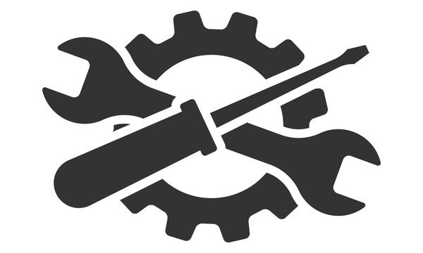 This minimalist vector icon of a crossed wrench and screwdriver over a gear wheel perfectly symbolizes technical support, mechanical repair services, engineering, and configuration.