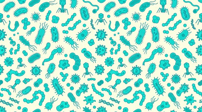 Seamless pattern with blue bacteria and virus cells