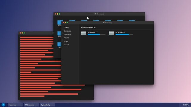 Computer operating system interface with windows and system settings screen