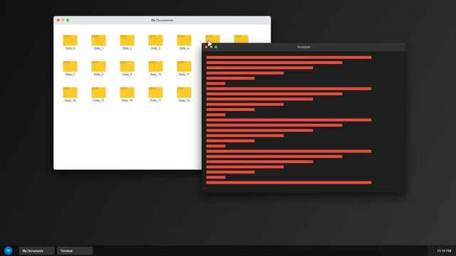 Computer Desktop Interface with file folders and terminal command window