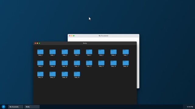 Computer desktop interface with file folders opening in light and dark mode