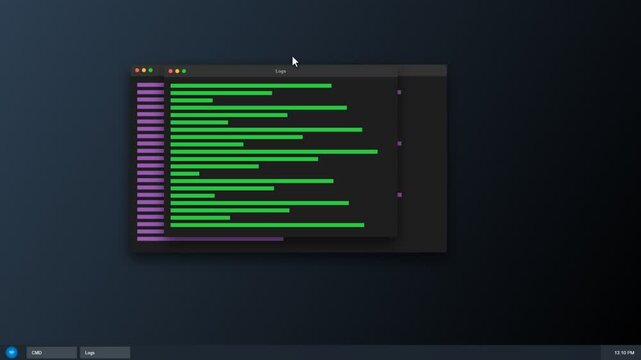 Computer terminal window with purple lines of code on a dark desktop.
