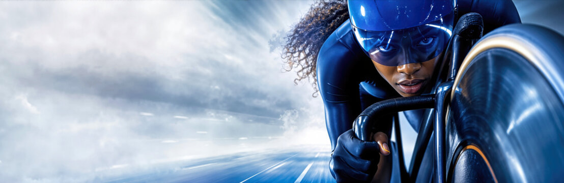 Close-up of a professional female Black sprinter cyclist in a blue aerodynamic helmet and skinsuit riding fast on a bicycle with a spinning front wheel against a dynamic blue sky background