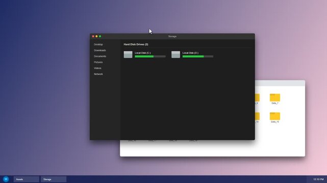 Computer operating system interface showing file folders and disk space