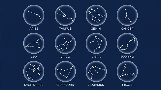 Twelve zodiac constellations set with star signs