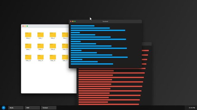 Computer desktop interface with file folders and terminal windows open