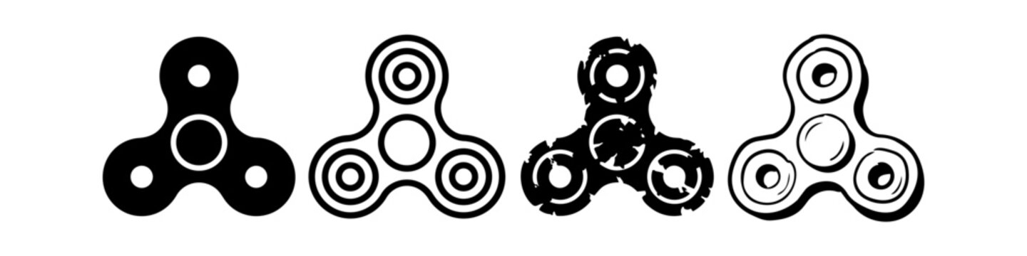 Set of Four Fidget Spinner Vector Icons in Diverse Styles: Solid Silhouette, Line Art Outline, Distressed Grunge, and Hand-Drawn Sketch Design for Stress Relief Toy Illustration
