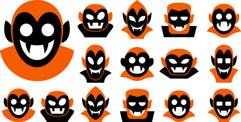 Fototapeta premium Collection of scary vampire faces with orange background in a distinctive flat graphic style silhouette