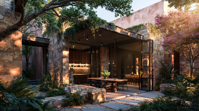 Modern Luxury Courtyard Bar with Stone Architecture at Sunset
