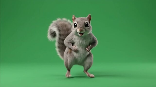 Cute cartoon gray squirrel character dancing on a green screen backdrop