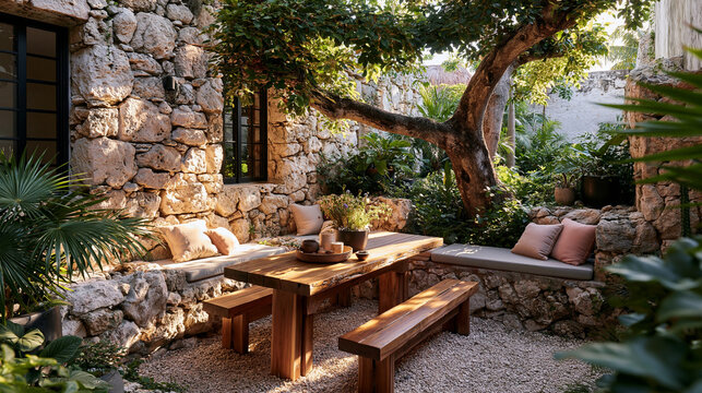 Mediterranean Courtyard Seating Area with Stone Architecture