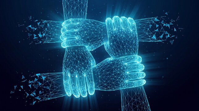 Digital hands joining together. Abstract teamwork concept with glowing network particles.
