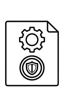Minimalist line art icon of a document page with a gear and security shield symbol isolated on white background, cyber security and technical documentation concept