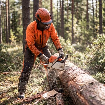Lumberjack cutting tree with chainsaw. Professional logger working in forest with equipment.