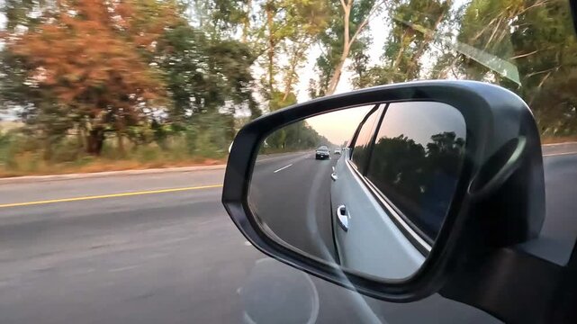 Vehicles seen in the side-view mirror coming after or following while travelling on multiple lane highway or motorway.