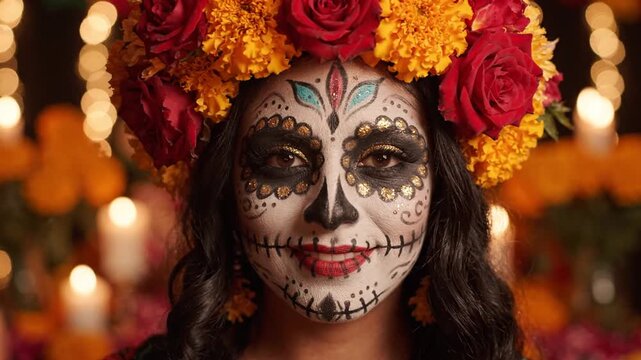 Woman with sugar skull makeup and floral crown.