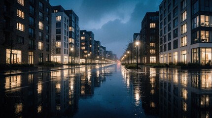 Obraz premium Modern city street at rainy night with illuminated apartment buildings. Wet pavement reflects warm building lights in residential neighbourhood. Empty road perspective during evening twilight. Urban