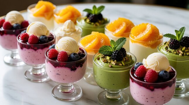 Small glass cups hold various colorful fruit desserts on white table. Creamy puddings topped with fresh berries citrus slices, mint leaves sit in neat rows. Sweet treats offer variety of tasty snacks