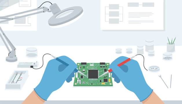 Technician hands in blue gloves testing a circuit board with probes under a magnifier.
