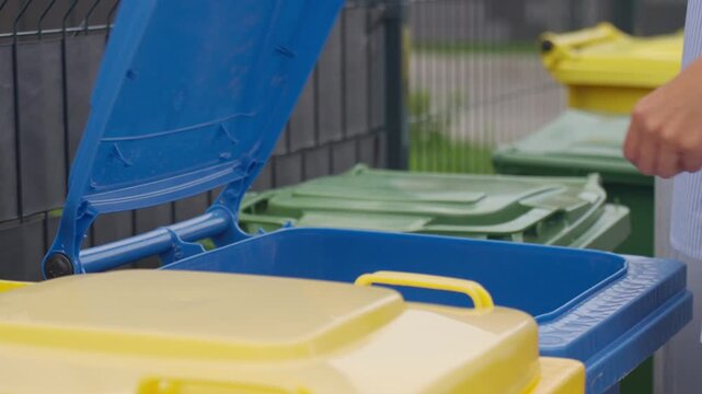 Woman throws crumpled paper into blue recycling bin for paper waste collection. Concept of household recycling and waste sorting
