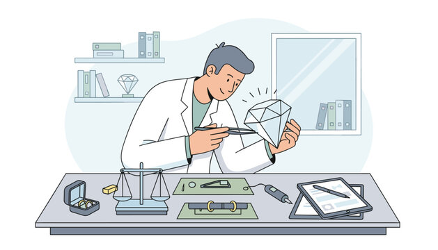 Gemologist examining a large sparkling diamond with a loupe at a desk with jewelry tools.