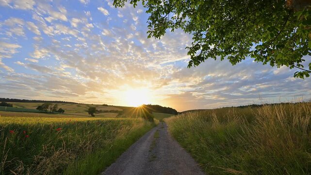 Ein Feldweg im Sonnenuntergang, umgeben von weiten Feldern und malerischen Wolken, Rosshof, Grossheubach, Miltenberg, Spessart, Bayern, Deutschland