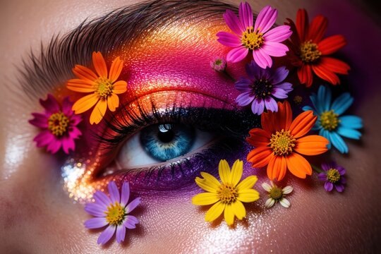 Macro closeup of female eye with vibrant rainbow eyeshadow decorated with small real colorful blossoms. Woman face artistic bright makeup style. Creative floral design looks stylish elegant
