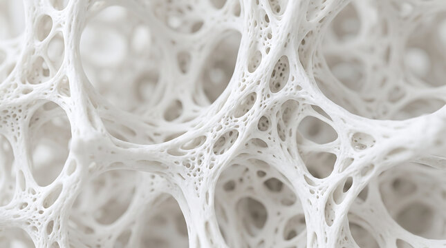 Microscopic View of White Porous Organic Structure and Spongy Trabecular Bone Lattice 3D Render