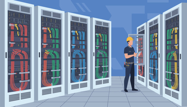 Data center technician with hardhat checking server racks filled with colorful networking cables.
