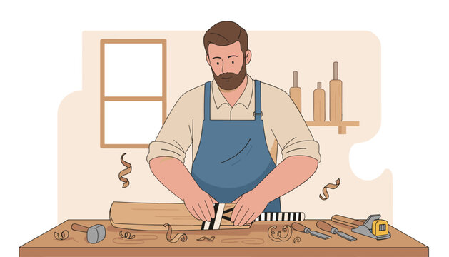 Bearded carpenter in a workshop applying grip tape to a cricket bat handle at a wooden table.