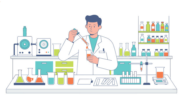 Male scientist in lab coat using pipette to drop orange liquid into beaker on table.