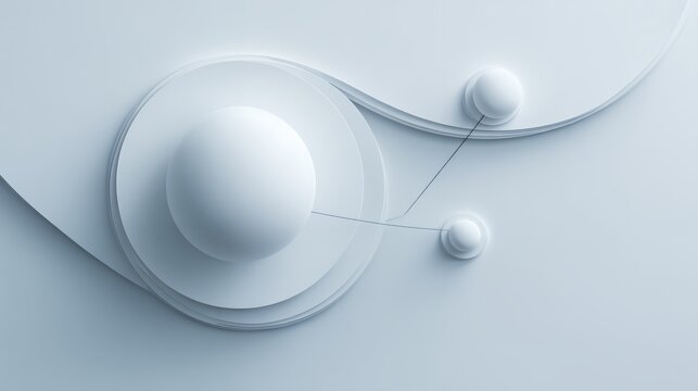 Minimalist pure white 3D spheres and concentric circles with elegant connecting lines for clean futuristic technology background design