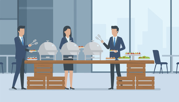 Catering buffet table with chafing dishes and business professionals serving food.