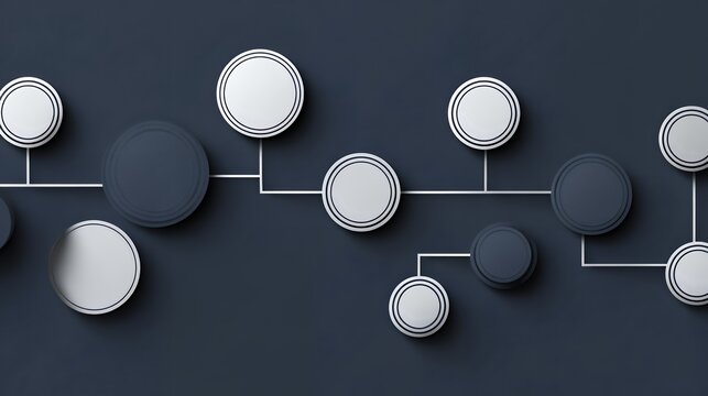 Dark abstract network mind map background with white and dark grey interconnected 3D nodes for business strategy and tech presentations