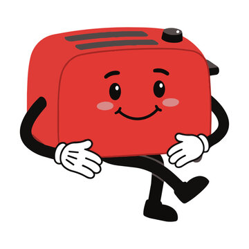 Cheerful anthropomorphic red toaster character with a friendly expression and arms and legs sitting in a relaxed pose on a plain background, happy kitchen concept
