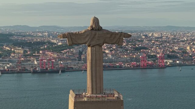 Cristo Rei Monument Facing Lisbon Skyline in Portugal