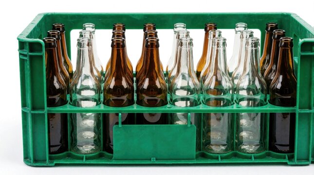 Green plastic crate holds many empty glass bottles ready for recycling. Amber and clear containers wait for reuse in beverage industry logistics and transport.