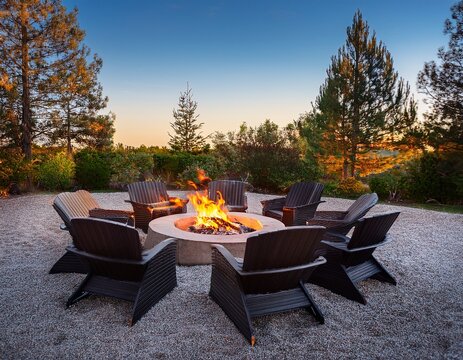 fire pit area with chairs and trees in the evening light