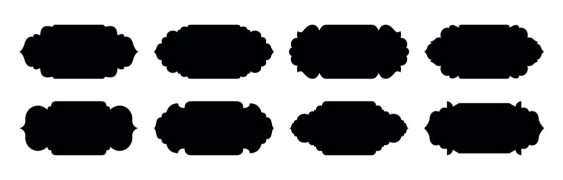 Set of black decorative label silhouettes with ornate vintage shapes isolated on white background, perfect for logo placement, branding concepts, packaging mockups and creative graphic design