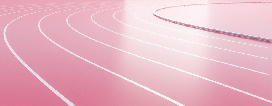 Curved pink running track lanes marked with white lines create dynamic visual path. This graphic represents speed movement and athletic competition with clean abstract design for sports backgrounds.