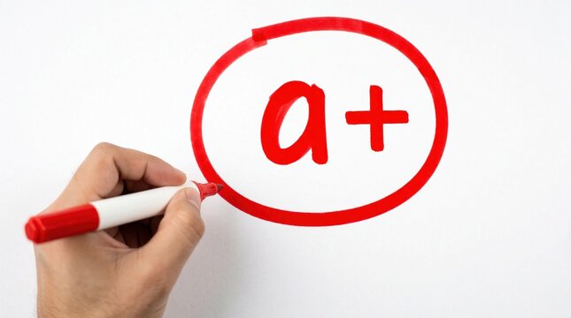 Teacher circles A plus grade with red marker on white paper. Excellent student achievement, academic success and top score concept. High mark assessment.