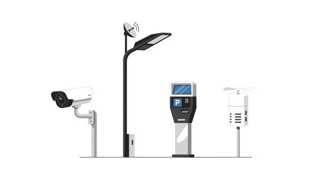 Smart city street equipment featuring surveillance camera street lamp parking meter and air sensor.