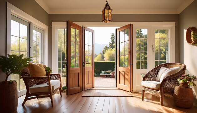 french doors opening to patio in a cottage home inviting residential interior scene for home decor real estate and lifestyle campaigns bright natural light charming architecture calm atmosphere