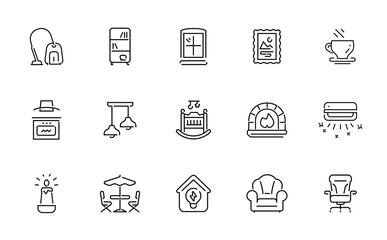 Fototapeta premium Collection of line art icons representing various household items and furniture