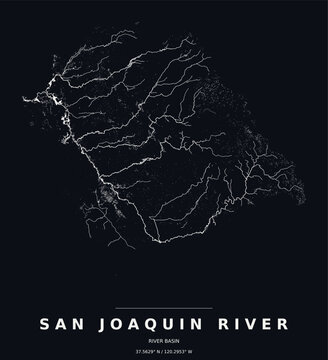 San Joaquin River Basin Watershed Map Line Art Dark Poster