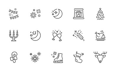 Fototapeta premium Collection of festive holiday and celebration icons in a clean line art style