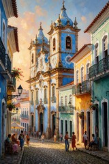 Naklejka premium Old town street scene with blue church and colorful buildings in Salvador, Brazil. People walk on cobblestone path under warm sunlit sky. Artistic impressionist painting style.