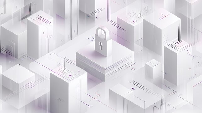 Isometric white city blocks data center with padlock symbol in center, cloud computing security and cyber infrastructure concept