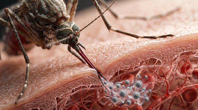 3D illustration of a mosquito biting human skin and transmitting viral particles into a blood vessel